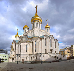 Fototapeta na wymiar The Church of the Resurrection of Christ in Sretensky Monastery was built in 2014-2017. The author of the project is architect Dmitry Smirnov. Russia, Moscow, April 2019.