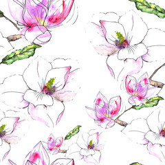 Watercolor hand drawn seamless pattern with Magnolia isolated on white background