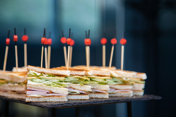 Beautifully decorated catering banquet table with different food snacks
