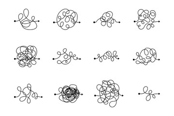 Fototapeta premium Vector symbol of complicated way with scribbled round element, chaos sign, pass the way linear arrow with clew or tangle ball in center