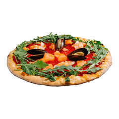 Pizza with red caviar and mussels