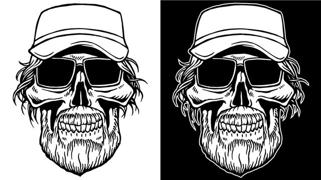 Black and White Line art of Skull with beard and sunglasses