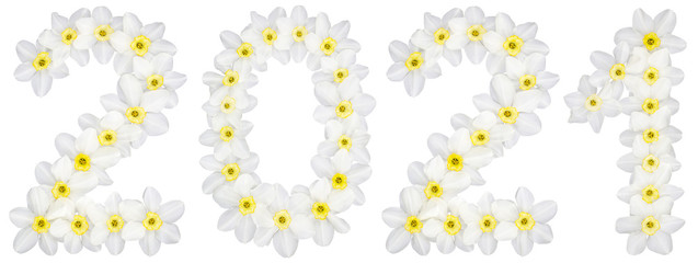 Inscription 2021, from natural white flowers of Daffodil (narcissus), isolated on white background
