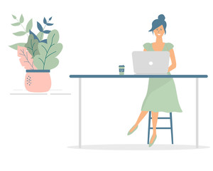 Cute woman freelancer work by computer at the table. Successful female character sit on high chair. Young calm freelance worker with laptop on desk with cup of coffee. Flat cartoon vector Illustration