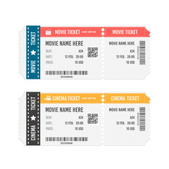 Modern cinema or movie tickets isolated on white background. Realistic front view vector illustration.