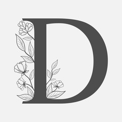 Uppercase Letter D with flowers and branches. Vector flowered monograms or logos. Hand Drawn concept. Botanical design branding. Composition of letter and flowers for wedding card, invitations, text, 