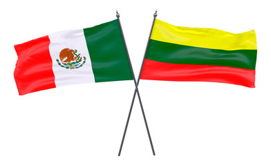 Mexico and Lithuania, two crossed flags isolated on white background. 3d image