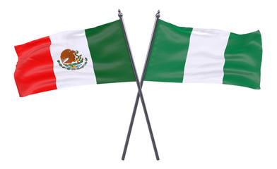Mexico and Nigeria, two crossed flags isolated on white background. 3d image