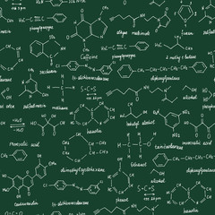 Organic compounds. Seamless texture. Sketch of the school blackboard with the chemestry organic compound. Organic chemistry.