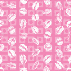 Red pink black lips seamless pattern on pop up grunge brush background. Girls lips prints stain. Vector.