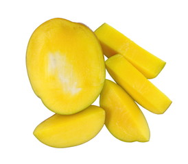 Juicy dessert mango isolated on white background. Sweet Mango slices. 