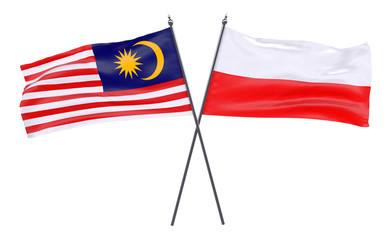 Malaysia and Poland, two crossed flags isolated on white background. 3d image