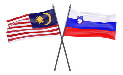 Malaysia and Slovenia, two crossed flags isolated on white background. 3d image