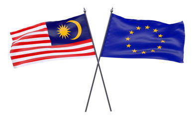 Malaysia and European Union, two crossed flags isolated on white background. 3d image