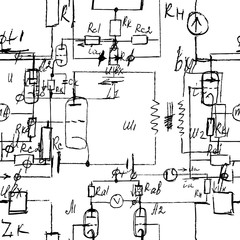 Scientific seamless texture with handwritten formulas and electronic components. Physics and schematic diagram and circuit of  the devices. Vector.