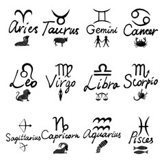 Zodiac 12 signs Capricorn Aquarius Pisces Aries Taurus Gemini Cancer Leo Virgo Libra Scorpio Sagittarius icons and name hand writing lettering calligraphy,  hand drawn symbols. Vector.