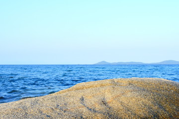 Fototapeta na wymiar CHALKIDIKI MACEDONIA GREECE. Impressive rocks at Kakoudia beach, close to Ierissos town (Aristotle Municipality).Beuautiful sea scape. Rocks in the sea. Ierissos, greece.