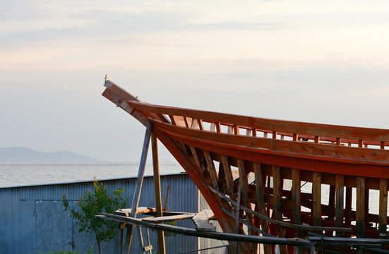 Construction of a ship in Ierissos, Greece. Little shipyard of wooden ships.