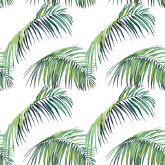 Seamless pattern with green palm leaves. Watercolor on white background.