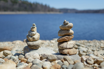 Two stacks of rocks on the beach