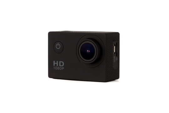 Action camera on a white background. Black portable camera close up on a white background.