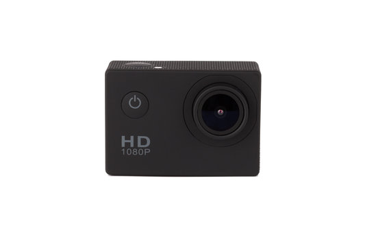 Action camera on a white background. Black portable camera close up on a white background.