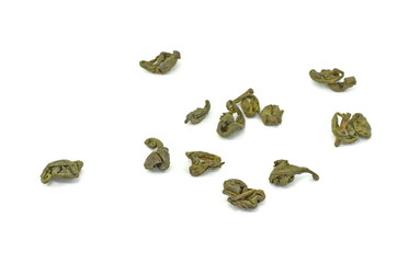 Dry green tea isolated on white background.