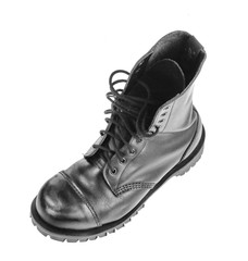 Black boots isolated on white. Steelcap leather boots isolated on white. Black combat men boot, black Military boots at Through use.