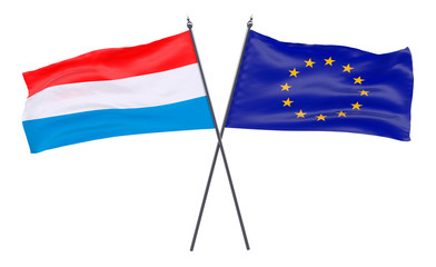 Luxembourg and European Union, two crossed flags isolated on white background. 3d image