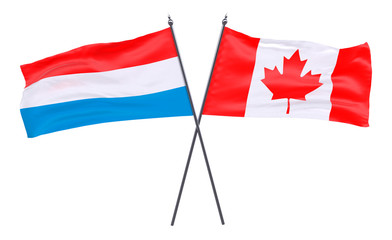 Luxembourg and Canada, two crossed flags isolated on white background. 3d image