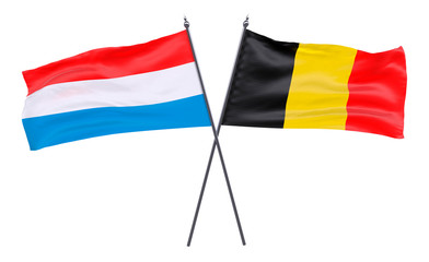 Luxembourg and Belgium, two crossed flags isolated on white background. 3d image