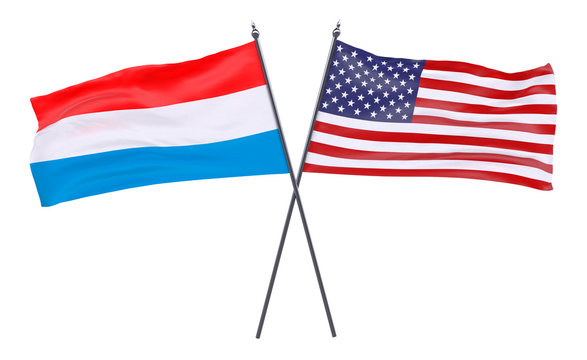Luxembourg and USA, two crossed flags isolated on white background. 3d image