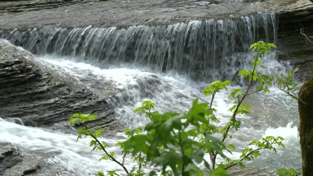 six finger falls Arkansas, a rocky cascade surrounded by lush, green maple trees. The rock structure creates a series of multiple waterfalls deep in the wilderness of the Ozark Mountains. 