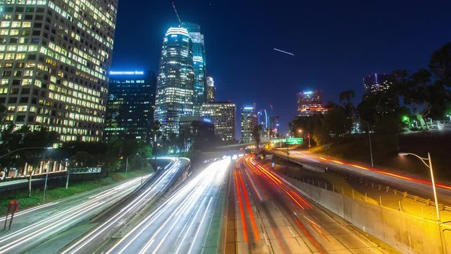 4K Hyperlapse of the 110 freeway traffic at night, Downtown, Los Angeles, California, USA