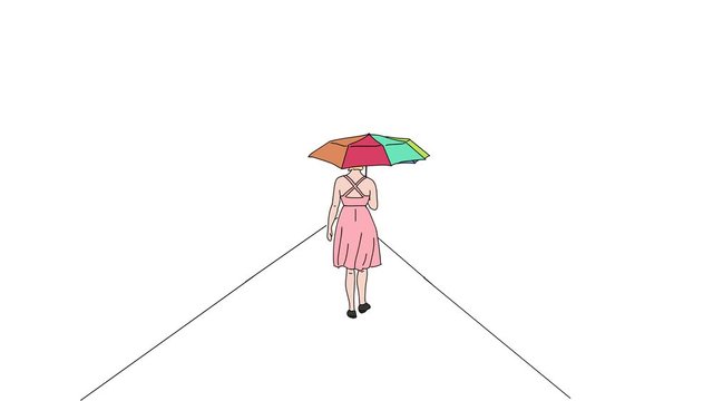 Woman in a pink dress walks away under a colorful umbrella. Hand drawn animation cartoon. White background.