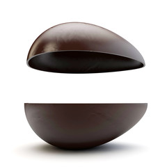 Two halves of a chocolate easter egg split apart. 3D Render