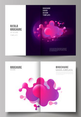 The vector layout of two A4 format modern cover mockups design templates for bifold brochure, flyer, booklet, report. Black background with fluid gradient, liquid pink colored geometric element.