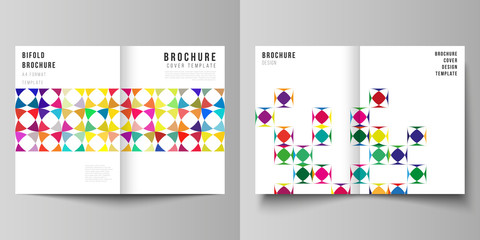 Vector layout of two A4 format modern cover mockups design templates for bifold brochure, flyer, booklet, report. Abstract background, geometric mosaic pattern with bright circles, geometric shapes.