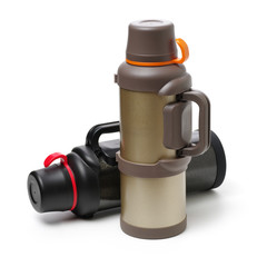 Metal thermos close up, isolate on a white background