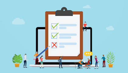 online survey concept with people and checklist surveys on paper clipboard with laptop - vector - obrazy, fototapety, plakaty