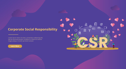 csr corporate social responsibility concept big text with people for website template banner design with modern purple color - vector