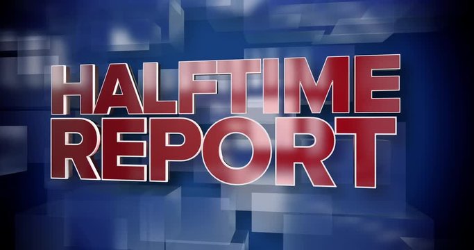 A red and blue dynamic 3D Halftime Report sports highlights title page background animation.	 	