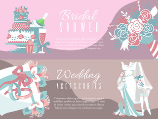 Bridal shower invitation vector illustration. Save the date. Wedding accessories banner. Marriage elements flower bouquet, dress, glass with champagne, cake, gloves, shoes, garters