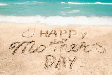 Fototapeta na wymiar Happy Mothers day beach background with handwritten lettering