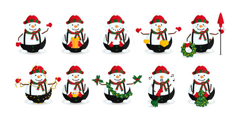 Fototapeta premium Vector Set of Snowman in Striped Hat and Scarf. Collection of Traditional Winter Character. Kit of Designs for Greeting Card for Hew Year and Merry Christmas. Vector Snowman in Different Situations
