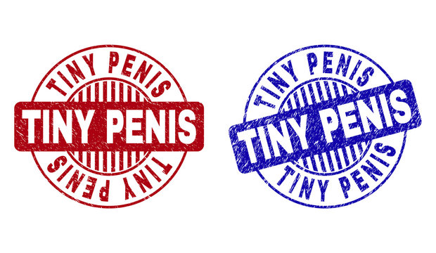 Grunge TINY PENIS round stamp seals isolated on a white background. Round seals with grunge texture in red and blue colors. Vector rubber imitation of TINY PENIS title inside circle form with stripes.
