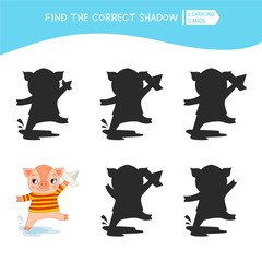 Educational  game for children. Find the right shadow. Kids activity with cute pig.