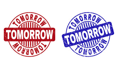 Grunge TOMORROW round stamp seals isolated on a white background. Round seals with distress texture in red and blue colors. Vector rubber imitation of TOMORROW caption inside circle form with stripes.