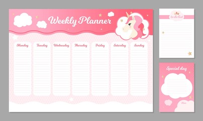 Vector weekly planner with cute unicorn. Template of to do list and notes. 