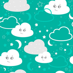Fototapeta premium Children seamless pattern with cute clouds, stars on a turquoise background. vector illustration baby seamless pattern
